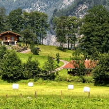 viewes, Mountains, house, HDR, Field, trees