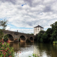 stone, Limburg, House, VEGETATION, bridge, River