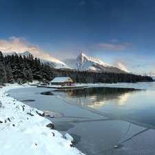 house, winter, Mountains, woods, lake