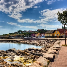 Houses, clouds, stony, Coast, sea