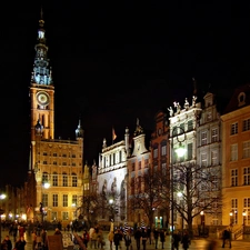 town hall, fragment, Poland, town, Gda?sk, Houses, The Long Market, night