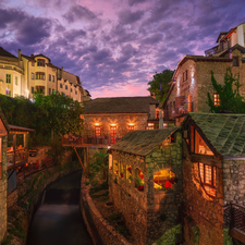 Houses, Town, canal, Mostar, Bosnia and Herzegovina, bridge, evening