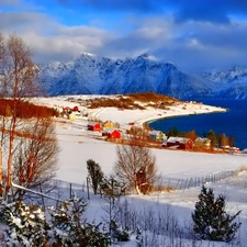 Houses, Norway, Mountains, Red, winter