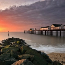 sea, west, Houses, pier, Beaches, sun