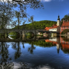 River, Church, Houses, bridge