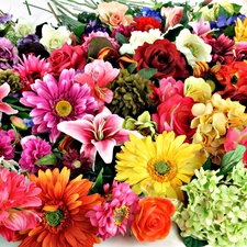 gerberas, bouquet, Hyacinths, lilies, roses, flowers