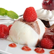 raspberries, dessert, ice cream