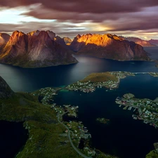 illuminated, peaks, Villages, Mountains, Houses, Lofoten, Norway, North Sea