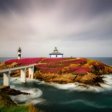 Isla Pancha Island, sea, Galicia, Lighthouses, bridge, Ribadeo, Spain