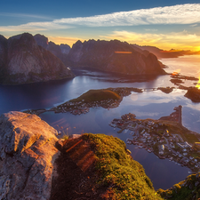 Islets, rocks, Norway, Houses, Lofoten, Mountains, Norwegian Sea, Sunrise