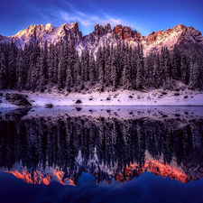 Province of Bolzano, Italy, Karersee Lake, Dolomites Mountains, reflection, snow, viewes, forest, trees