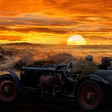 antique, sea, Passengers, Great Sunsets, photomontage, Automobile, journey