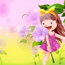 Kid, Flowers, joy, Meadow