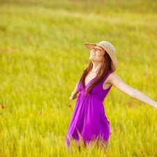 Women, Meadow, joy, Hat