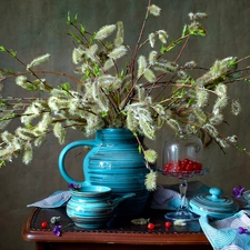 Willow, database, table, blue, Violets, Twigs, composition, jug