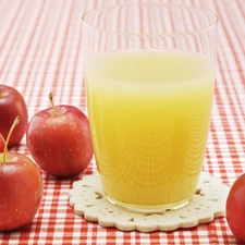 Red, A glass, juice, apples