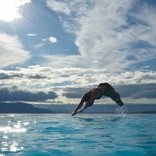 Women, clouds, jump, sea