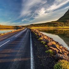 Way, clouds, lake, Kirkjufell Mountain, iceland