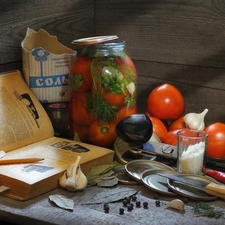 knife, garlic, dill, jar, Book, tomatoes, pepper, Preparations, spice, pencil