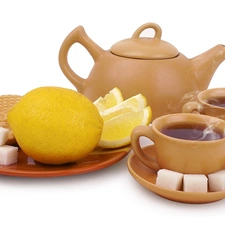 Lemon, jug, knuckle, sugar, tea, cups