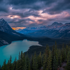 dark, Sunrise, clouds, forest, Mountains, Province of Alberta, viewes, Banff National Park, Canada, trees, rocks, Peyto Lake