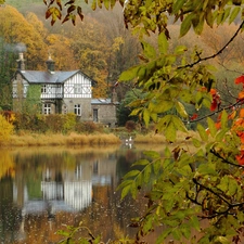 autumn, house, lake, woods