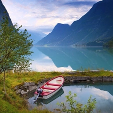 lake, Mountains, Boat