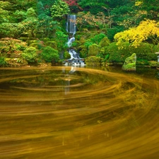 lake, waterfall, Garden