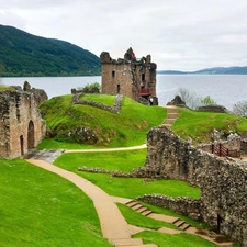 lake, Lochness, ruins, by, Scotland