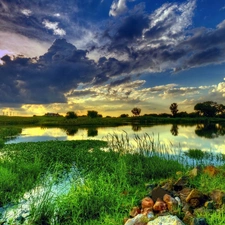 lake, Meadow, sun, clouds, west