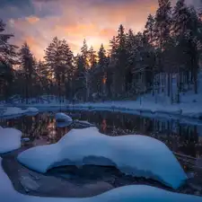 viewes, Ringerike Municipality, snow, trees, Norway, winter, lake
