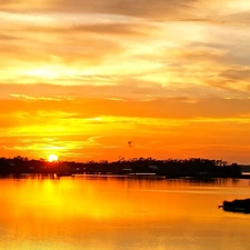 orange, Great Sunsets, lake, Yellow