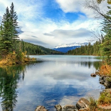 lake, trees, Canada, viewes, clouds, Mountains, Jasper National Park, forest