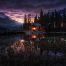 lake, Canada, Mountains, Night, house, Yoho National Park