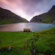 lake, Valley, Denmark, waterfall, Faroe Islands, Mountains, Great Sunsets, house