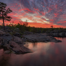 Lake Ladoga, rocks, Russia, trees, Karelia, clouds, Great Sunsets, viewes