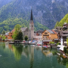 lake, Mountains, Town