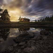 Ringerike, Norway, Vaeleren Lake, Stones, viewes, twilight, Boat, trees, house
