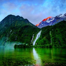 lake, Mountains, waterfalls