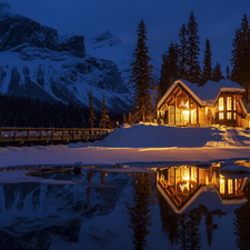 Mountains, lake, Province of British Columbia, Floodlit, Canada, viewes, winter, trees, house, Yoho National Park, Emerald Lake, Night, bridge