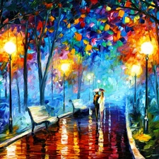 Lamps, bench, trees, viewes, Park