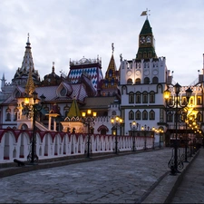 Castle, glowing, Lamps, bridge