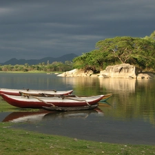 coast, Kayaks, viewes, craggy, lake, trees, Sri Lanka