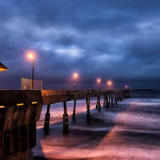 pier, Night, lanterns, sea