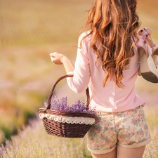 lavender, Boots, Meadow, basket, brunette