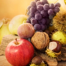 chestnuts, Grapes, composition, nuts, apples, Leaf, autumn