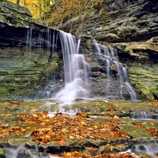 Leaf, autumn, rocks, forest, waterfall