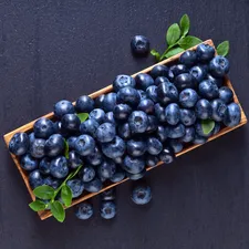 blueberries, container, leaves, wooden