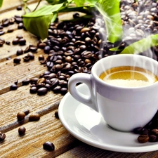 cup, grains, leaves, coffee