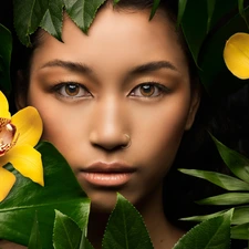 orchids, leaves, girl, Flowers, face